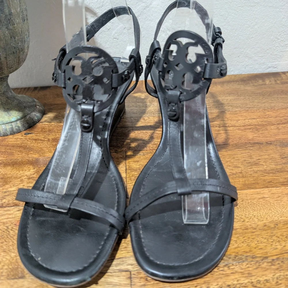 Tory Burch Miller Sandals Ankle Strap Wedge‎ Women 8M Black Leather Logo 5930